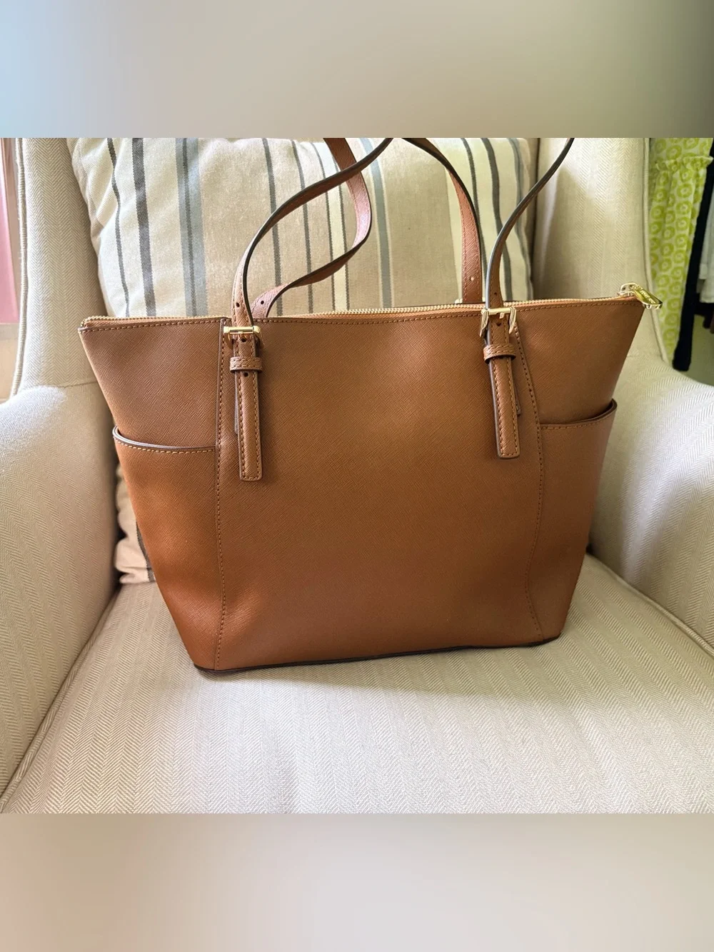 Michael Kors Tan Leather Saffiano Tote with Gold MK Charm